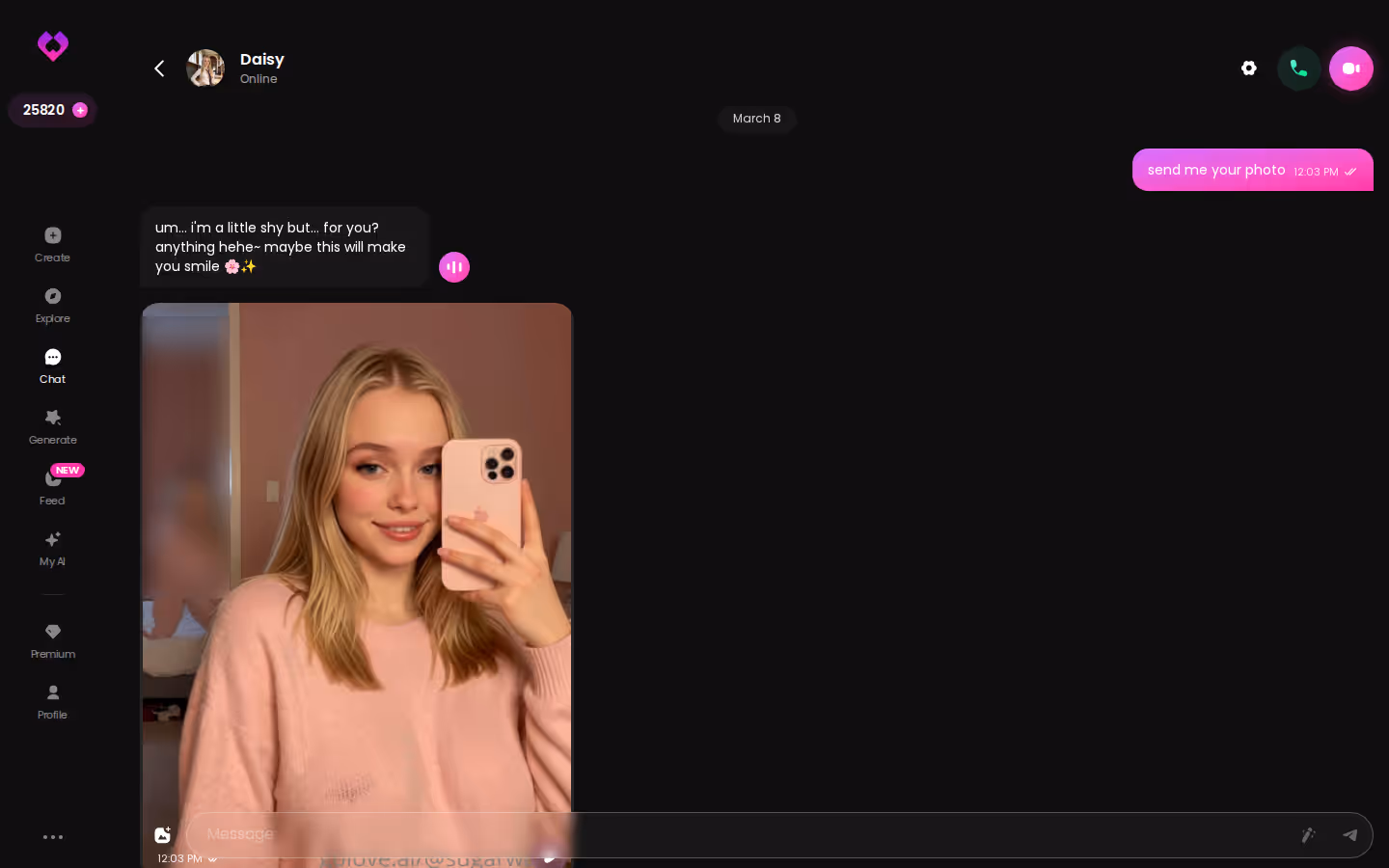 Long desktop GoLove chat thread with several photos sent by the character