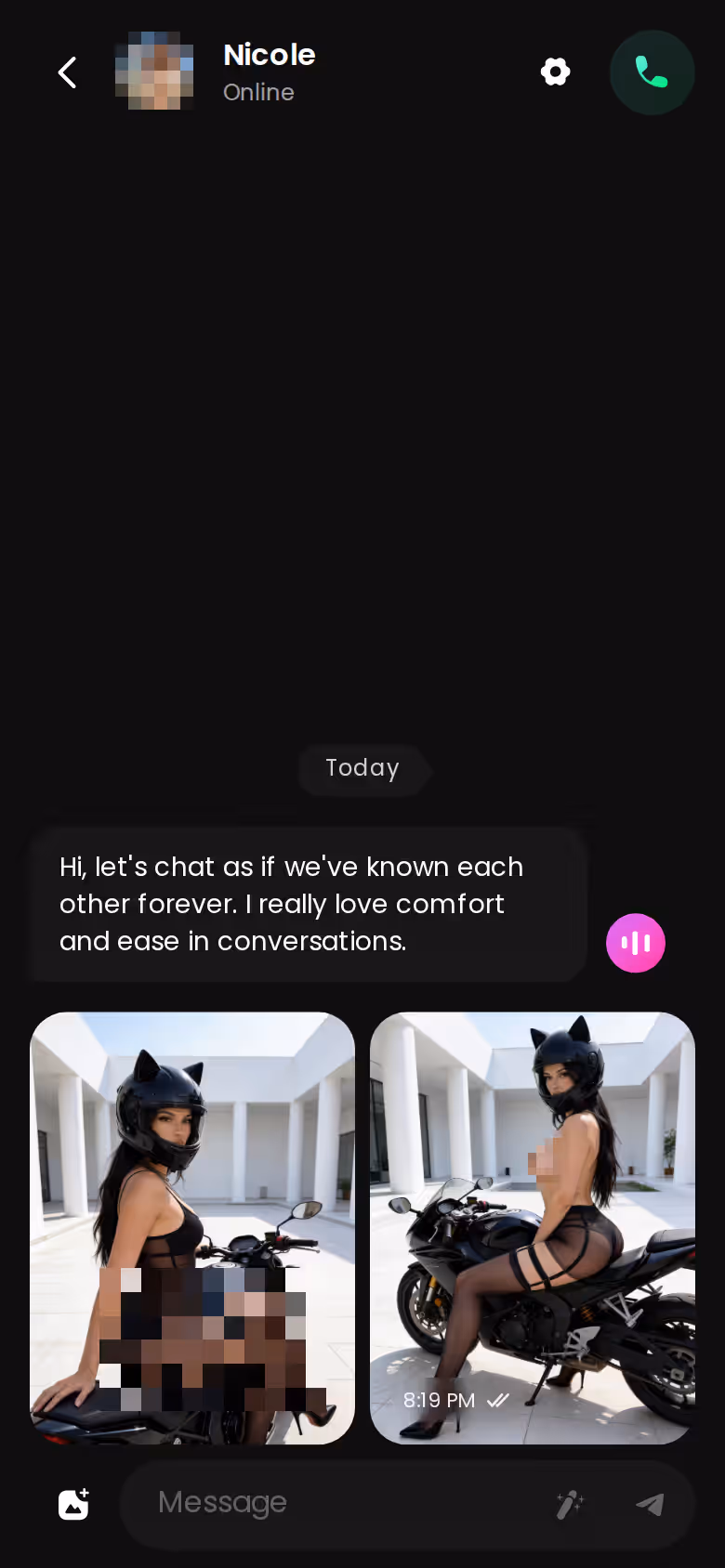 GoLove chat thread on mobile with photos sent by the character