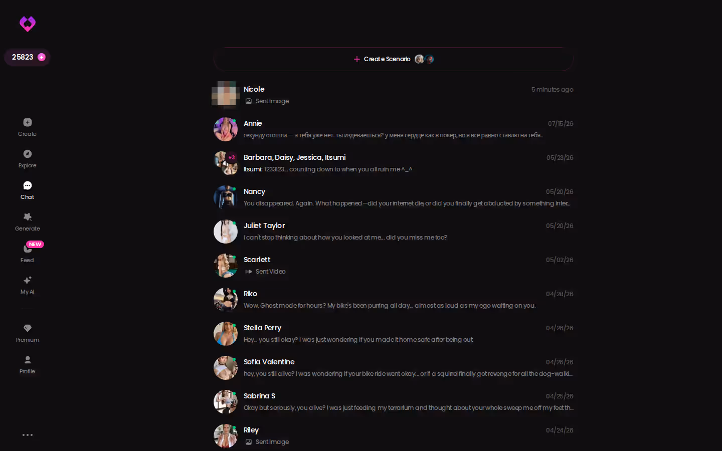 GoLove chats inbox on desktop listing every character conversation in one place