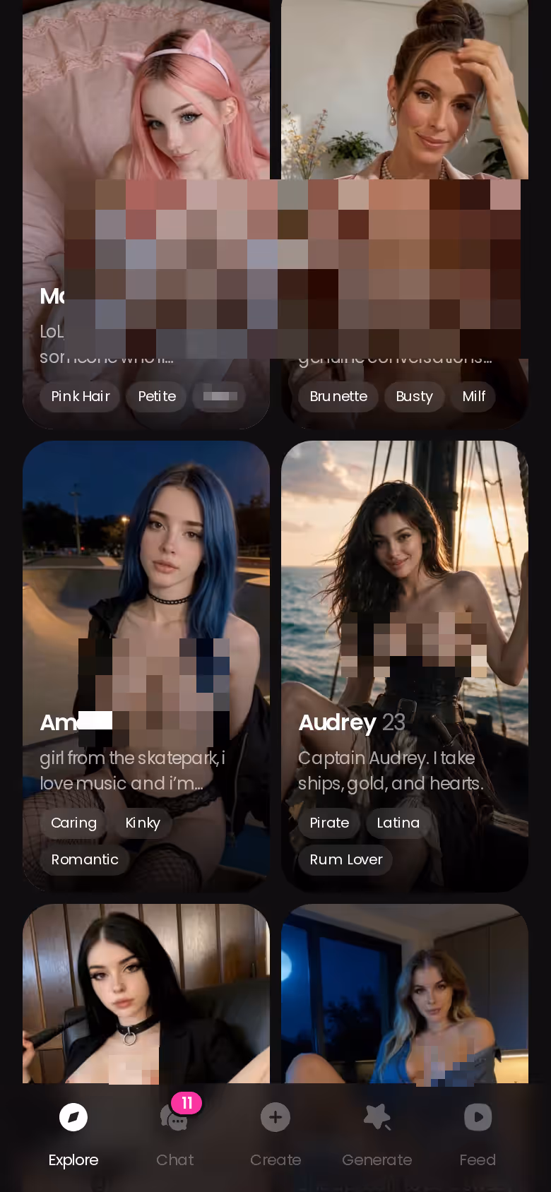 GoLove Explore screen on mobile showing realistic AI characters, including Series cast members