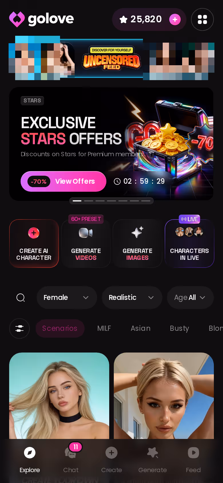 GoLove Explore on mobile with banners, tag chips and the character grid