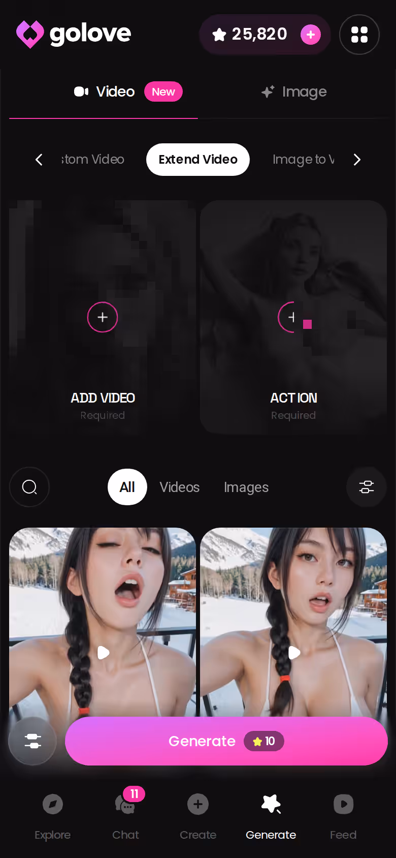 GoLove Extend Video mode on mobile for lengthening a generated clip of a Series star