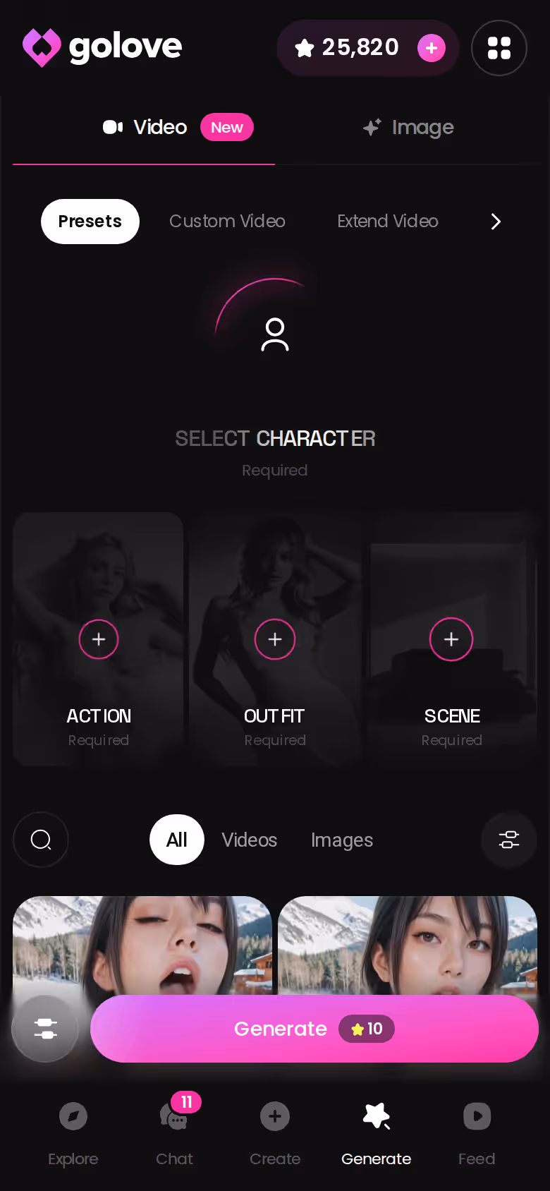 GoLove Generate hub on mobile with per-character video presets