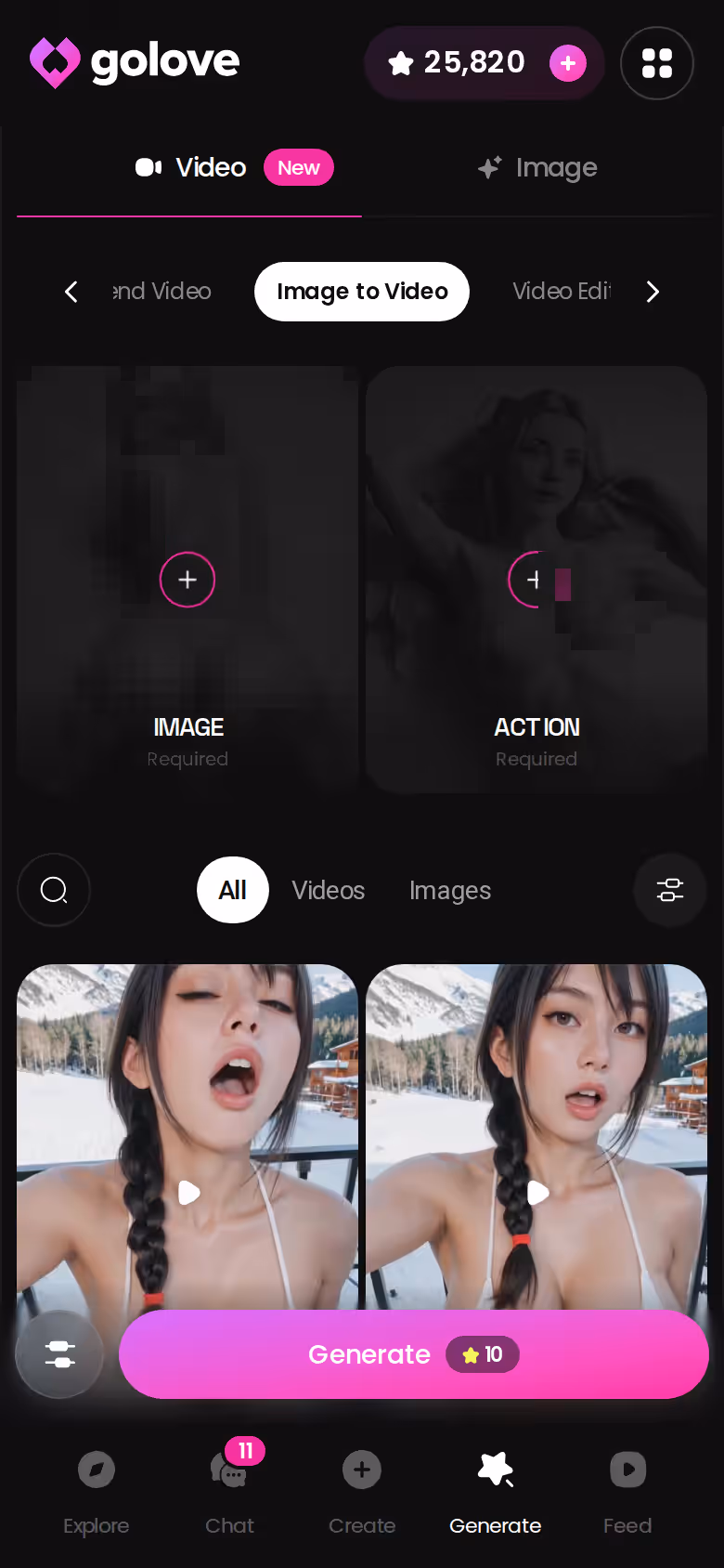GoLove Image to Video mode on mobile, turning a character photo into a clip